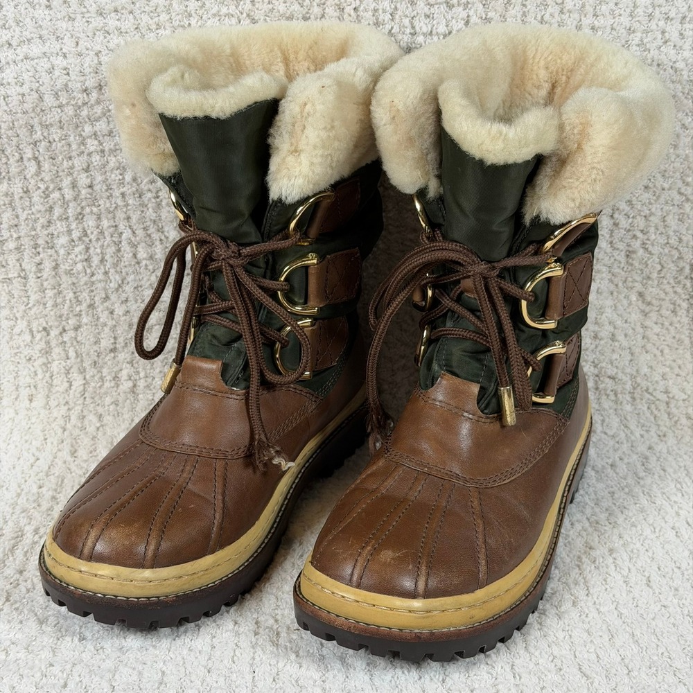 Tory Burch Brown Leather Shearling Winter Boots Warm Apres Ski Style Size 7